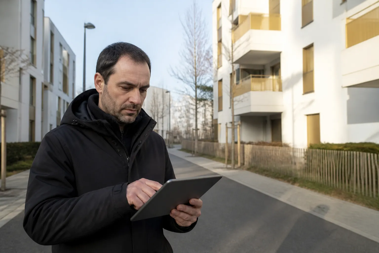 Expert en batiment etudiant les plans d un logement a Vaulx-en-Velin