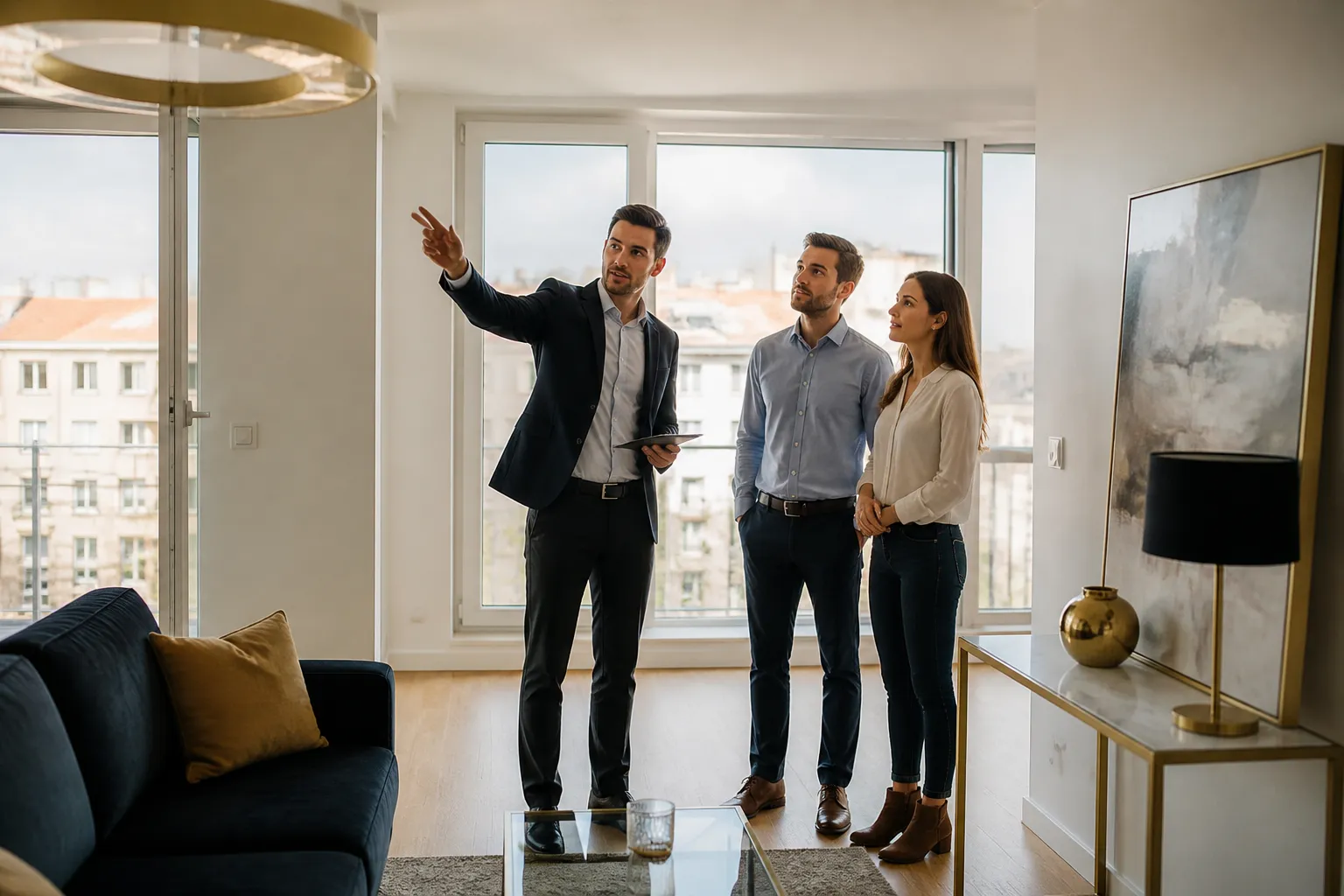 Expert et acquereurs dans un appartement neuf a Lyon 7e