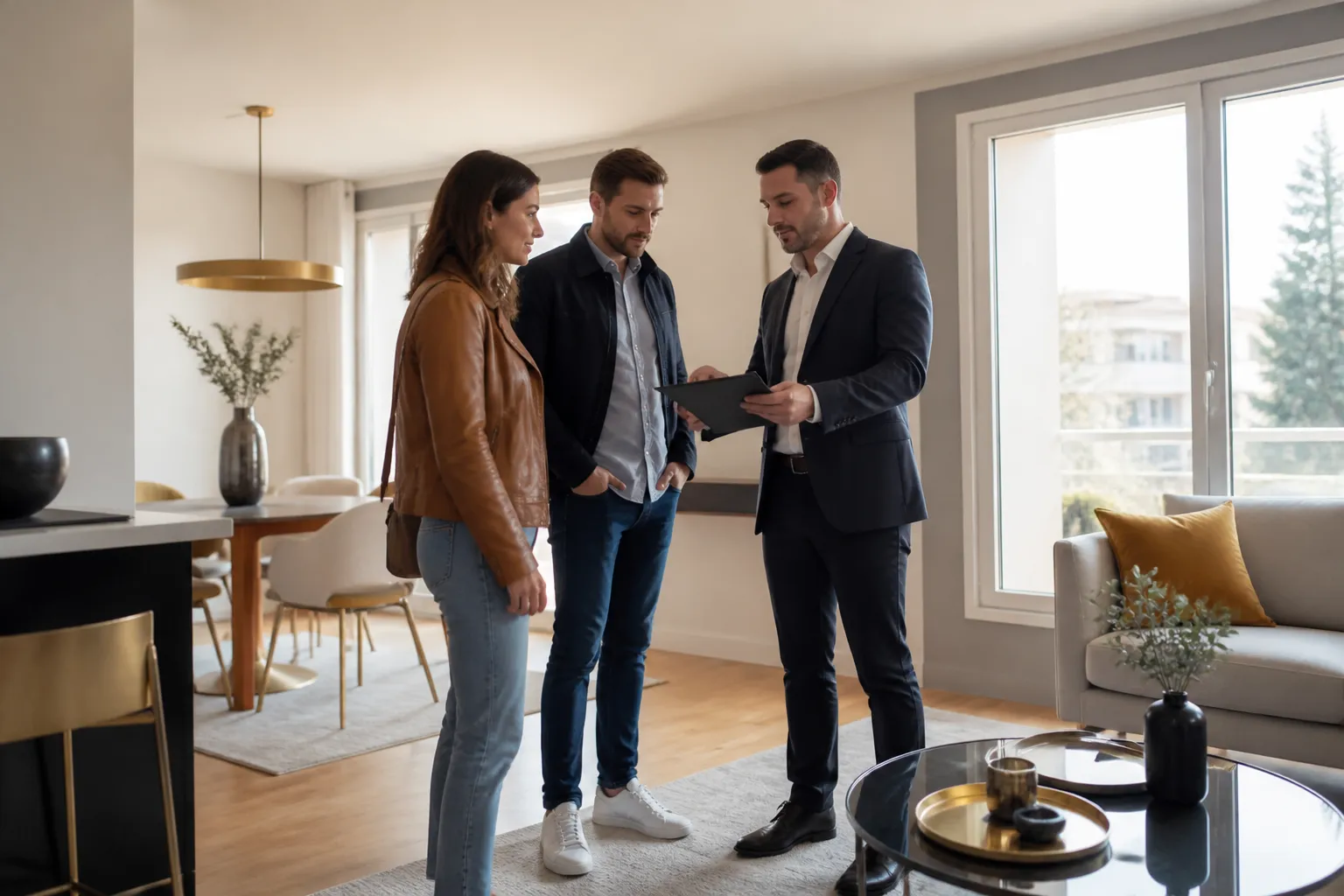Expert et acquereurs dans un appartement neuf a Rillieux-la-Pape