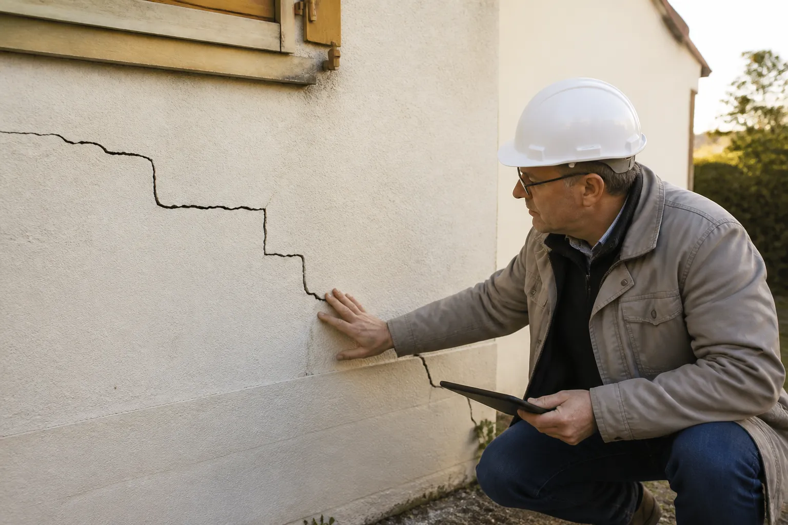 Expert examinant une fissure a Décines-Charpieu
