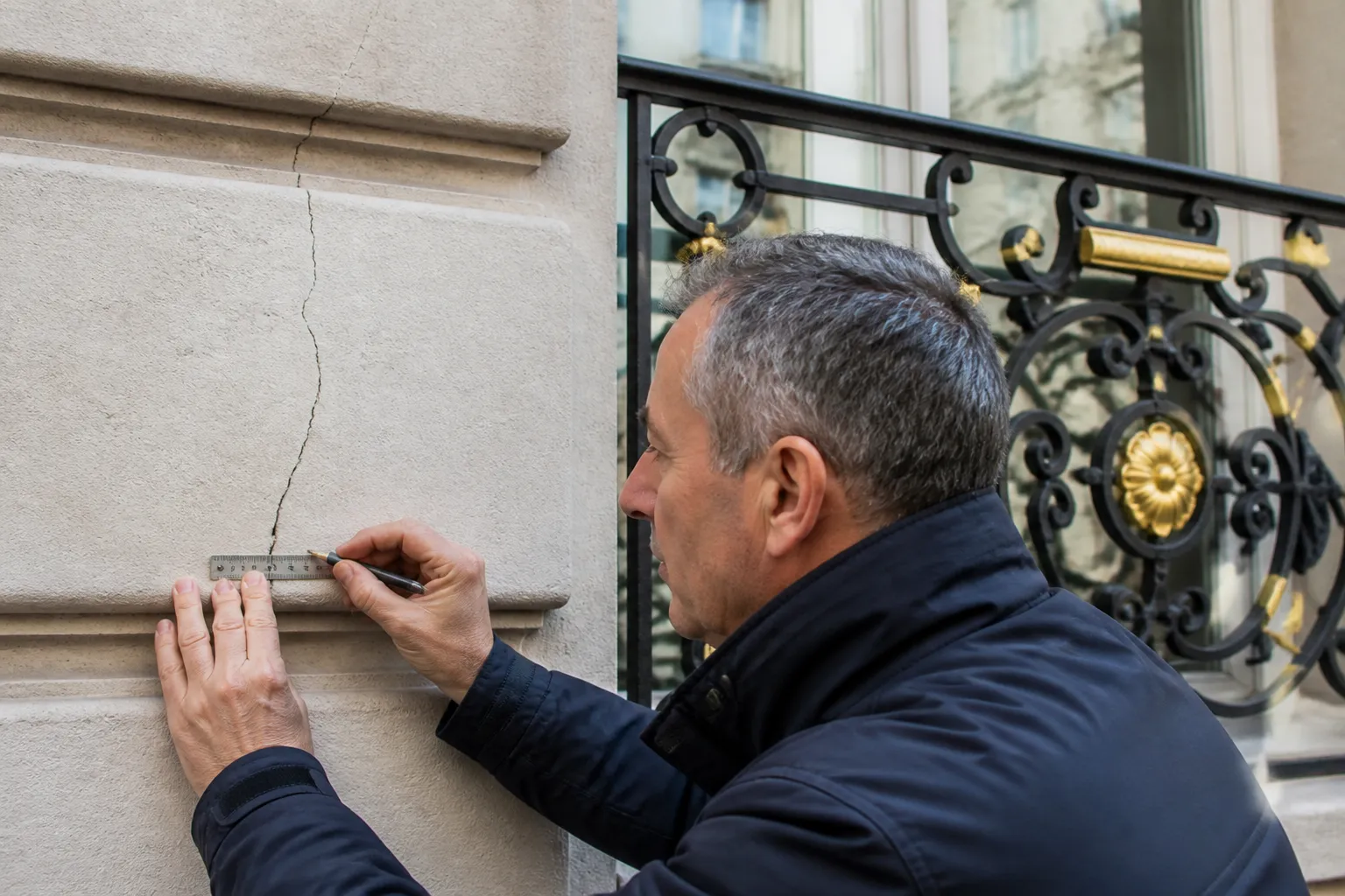 Expert examinant une fissure a Lyon 6e