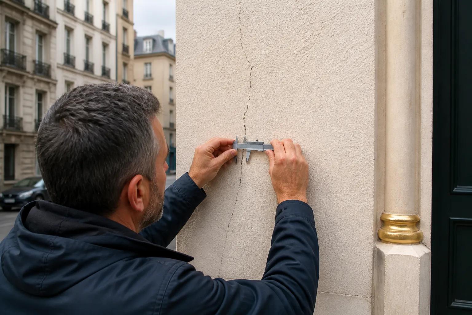 Expert examinant une fissure a Lyon 8e