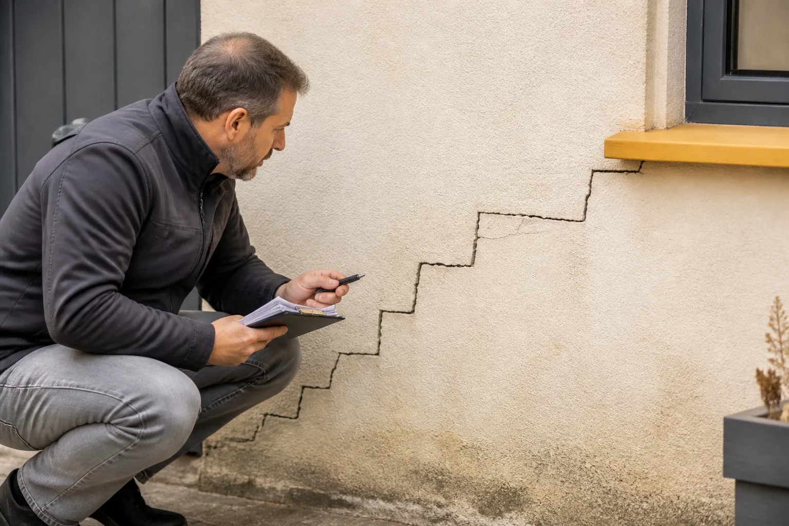 Expert examinant une fissure a Rillieux-la-Pape
