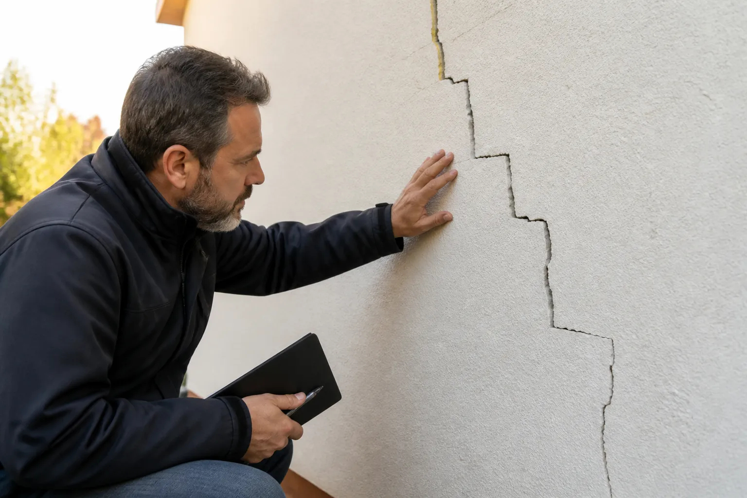 Expert examinant une fissure a Vaulx-en-Velin