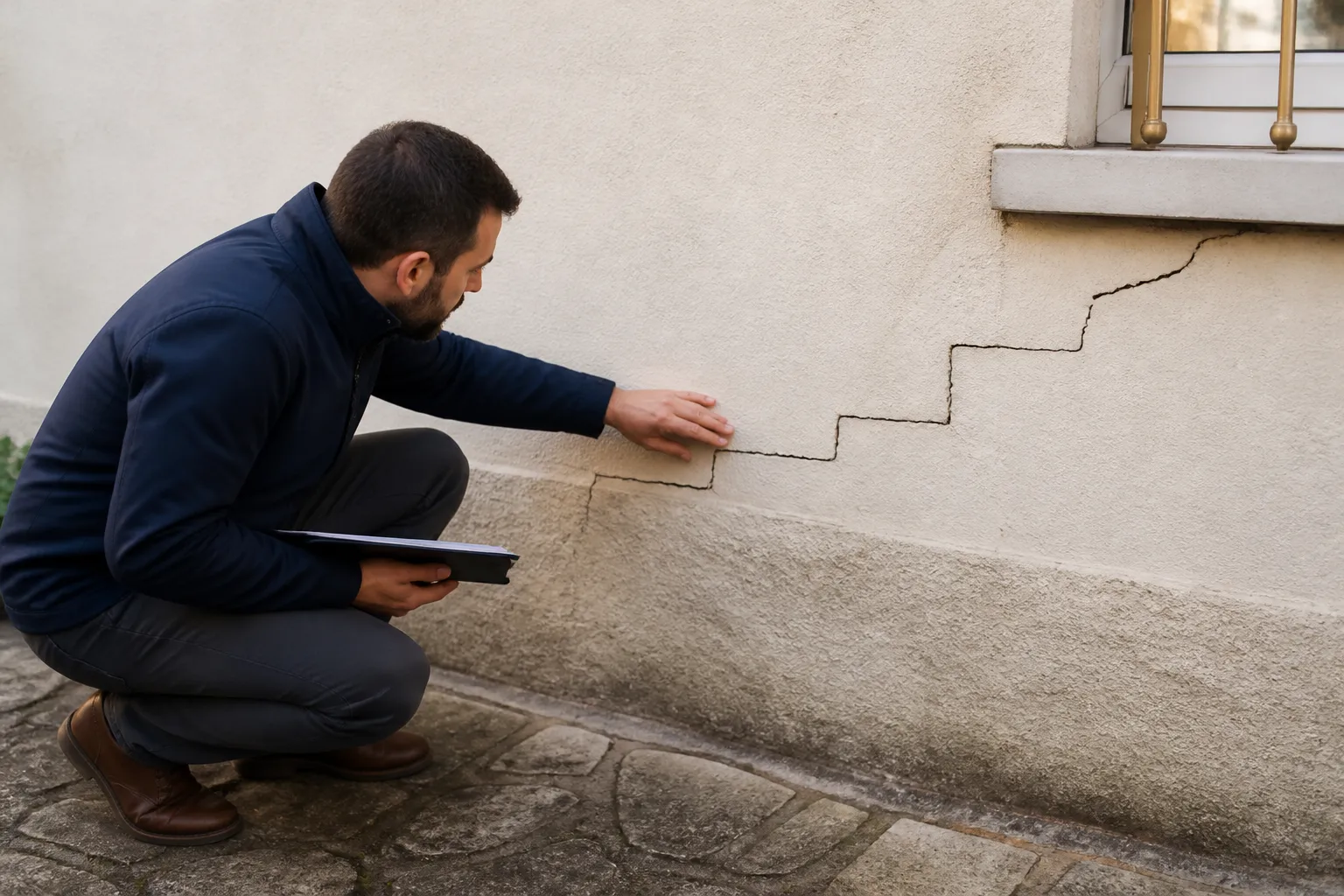 Expert examinant une fissure a Villeurbanne