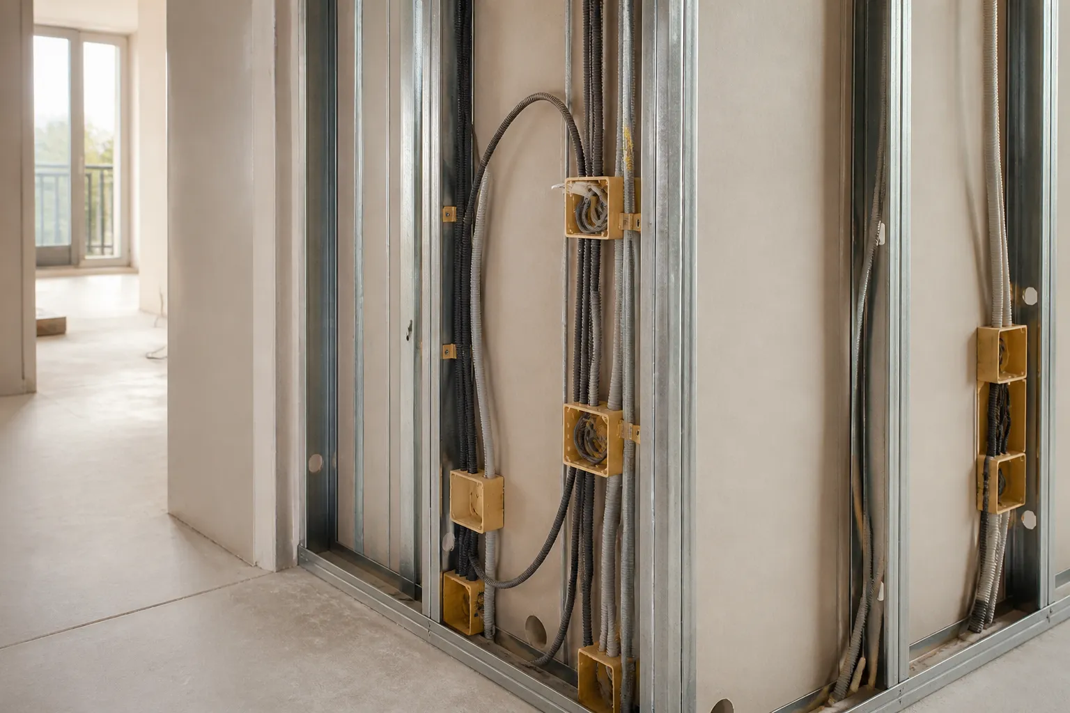 Gaines electriques et boitiers avant enduit dans un appartement neuf a Lyon 7e