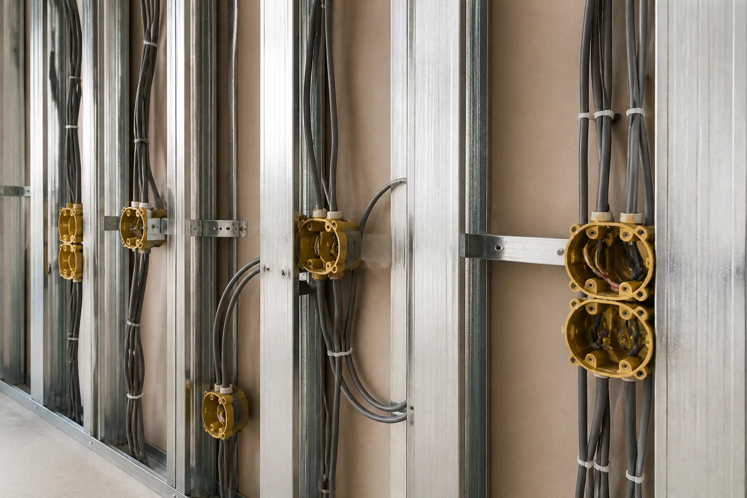 Gaines electriques et boitiers avant enduit dans un appartement neuf a Vaulx-en-Velin