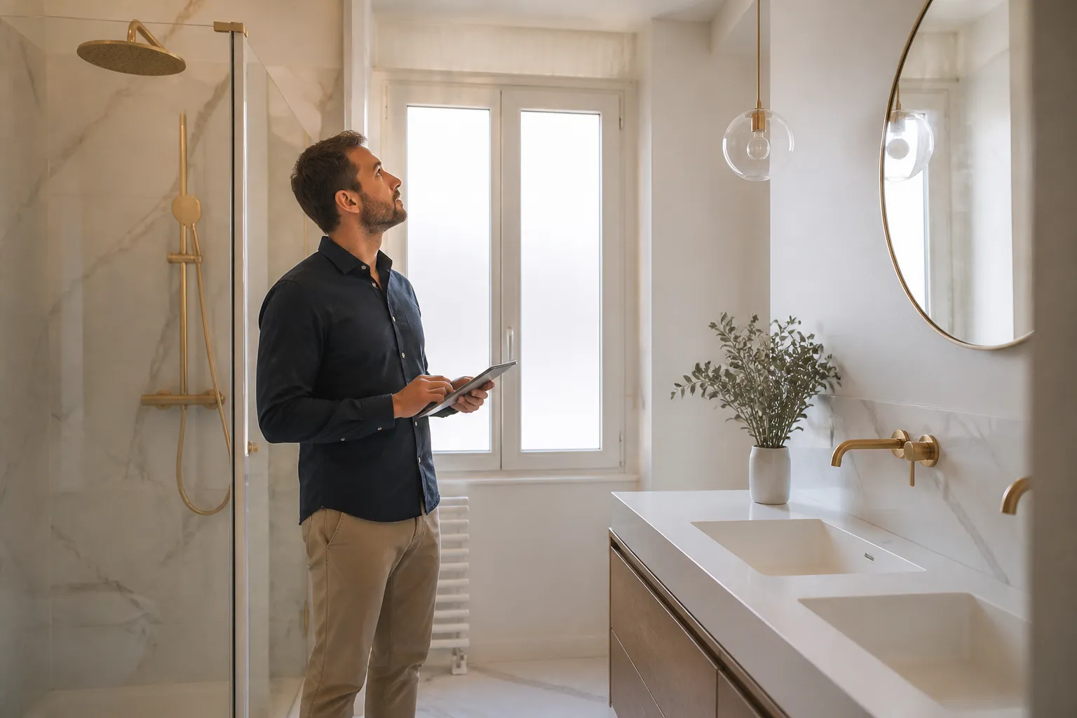 Expert verifiant une salle de bains neuve avant livraison a Lyon 7e