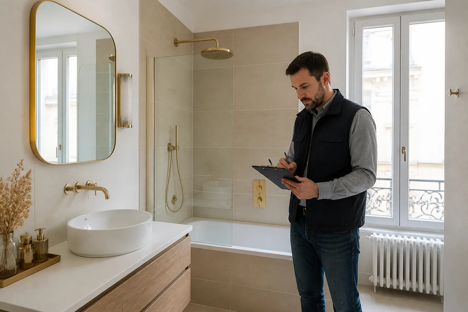 Expert verifiant une salle de bains neuve avant livraison a Lyon 8e