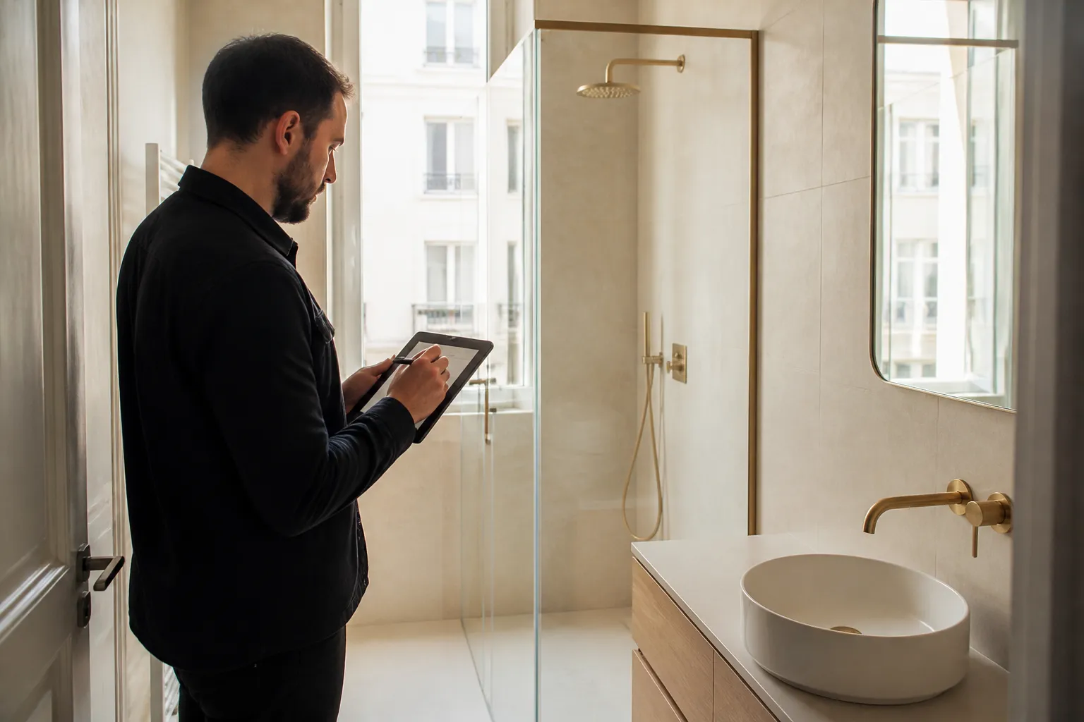 Expert verifiant une salle de bains neuve avant livraison a Lyon 9e