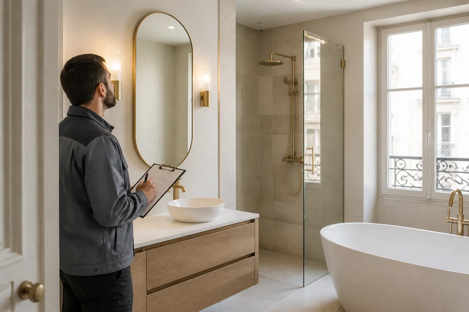 Expert verifiant une salle de bains neuve avant livraison a Saint-Priest