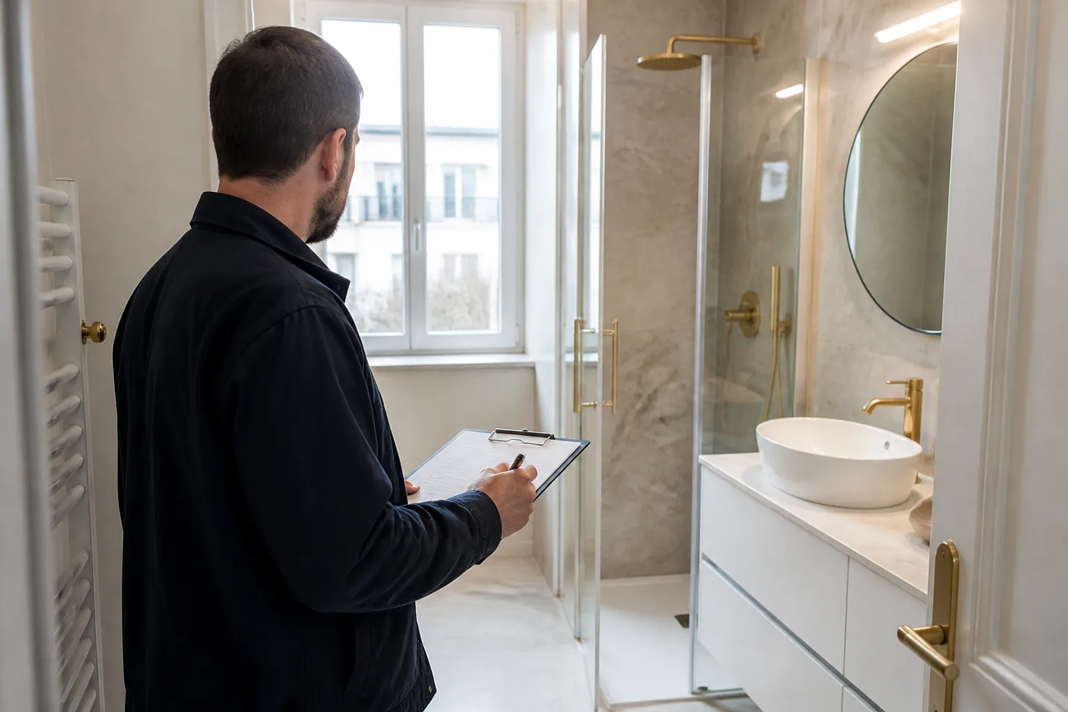 Expert verifiant une salle de bains neuve avant livraison a Vaulx-en-Velin