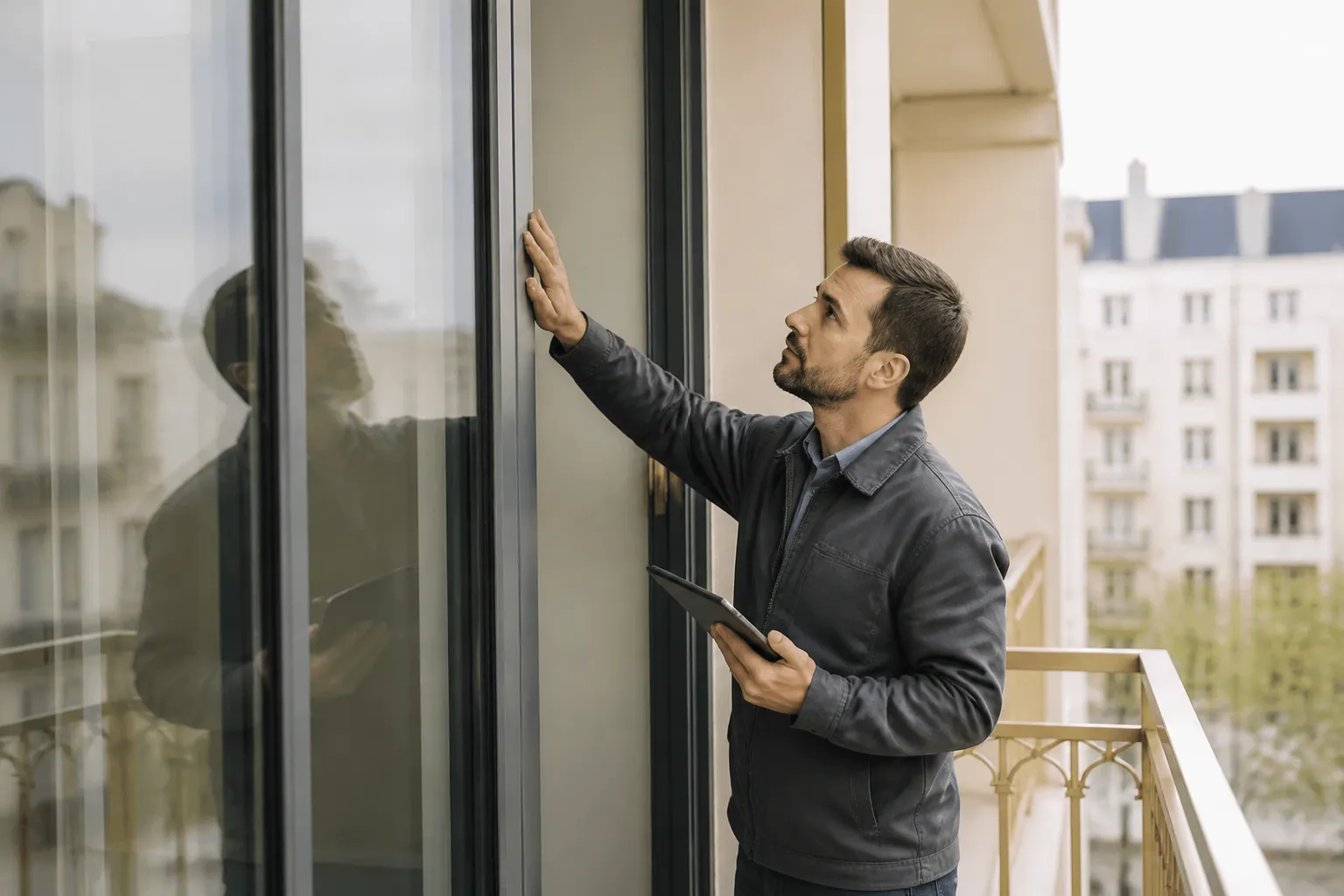 Expert verifiant une salle de bains neuve avant livraison a Vénissieux