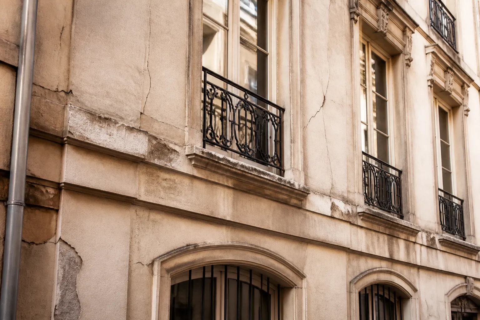 Facade d immeuble ancien lyonnais avec enduit fissure avant ravalement