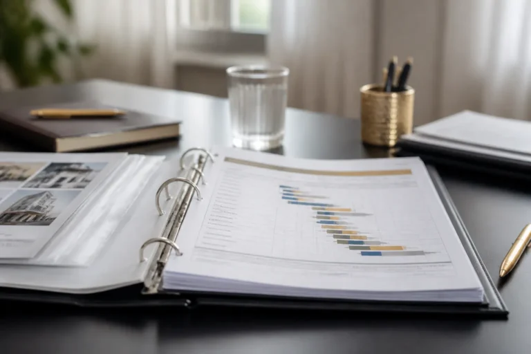 Classeur de copropriete ouvert sur un echeancier de travaux pose sur une table