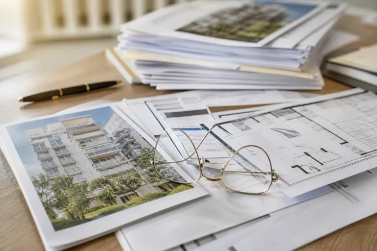 Documents de copropriete etales sur une table avec des lunettes