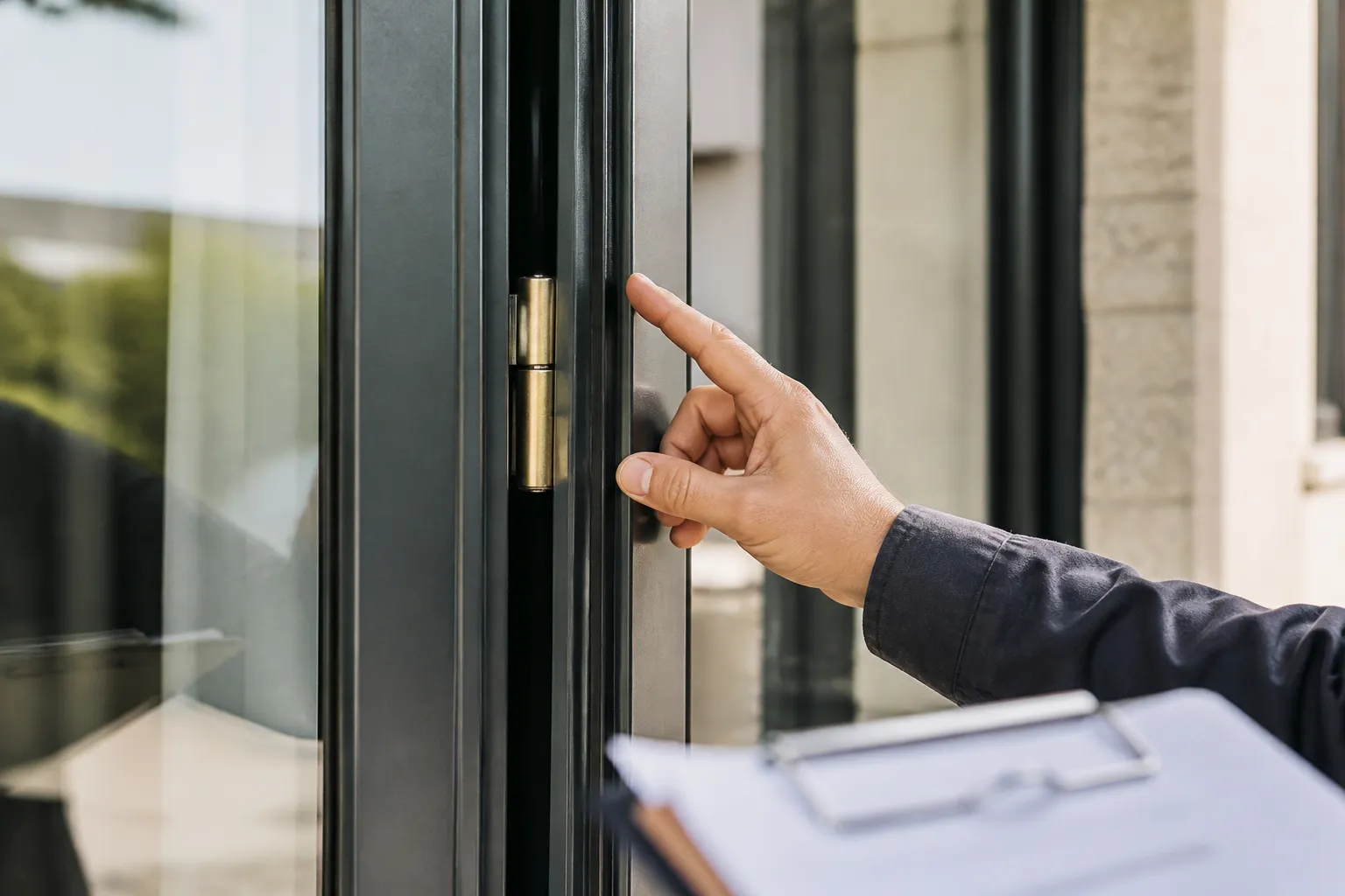 Main verifiant le reglage d une menuiserie exterieure neuve