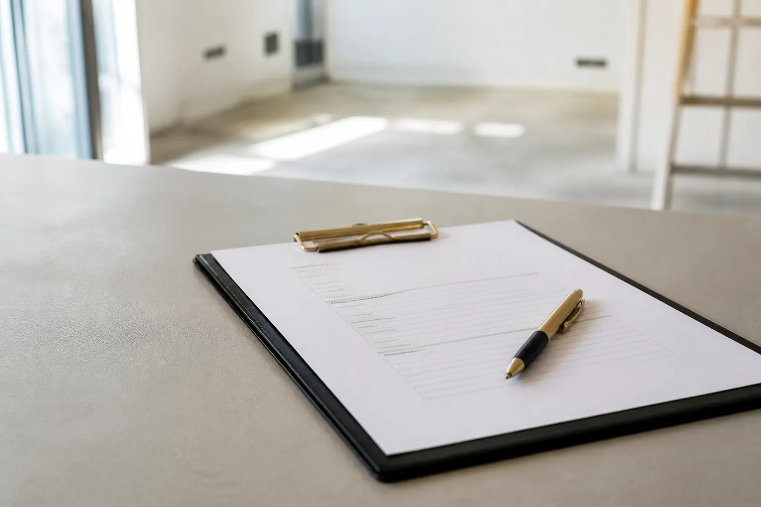 Proces verbal de reception et stylo poses sur un plan de travail neuf