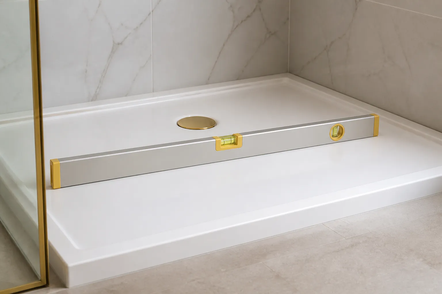 Niveau a bulle pose sur un receveur de douche neuf