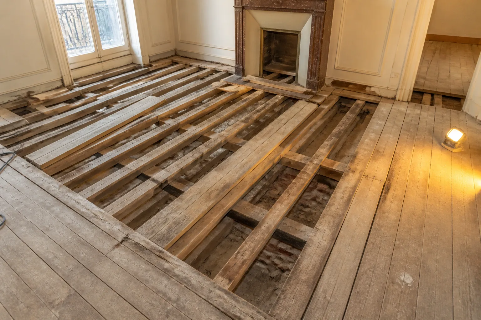 Plancher bois ancien ouvert pendant des travaux avec solives visibles