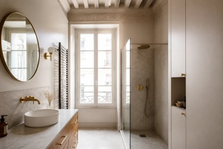 Salle de bains renovee dans un appartement ancien lyonnais sous un plafond a la francaise