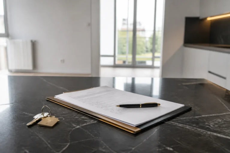 Proces verbal de livraison pose sur un plan de travail dans un appartement neuf