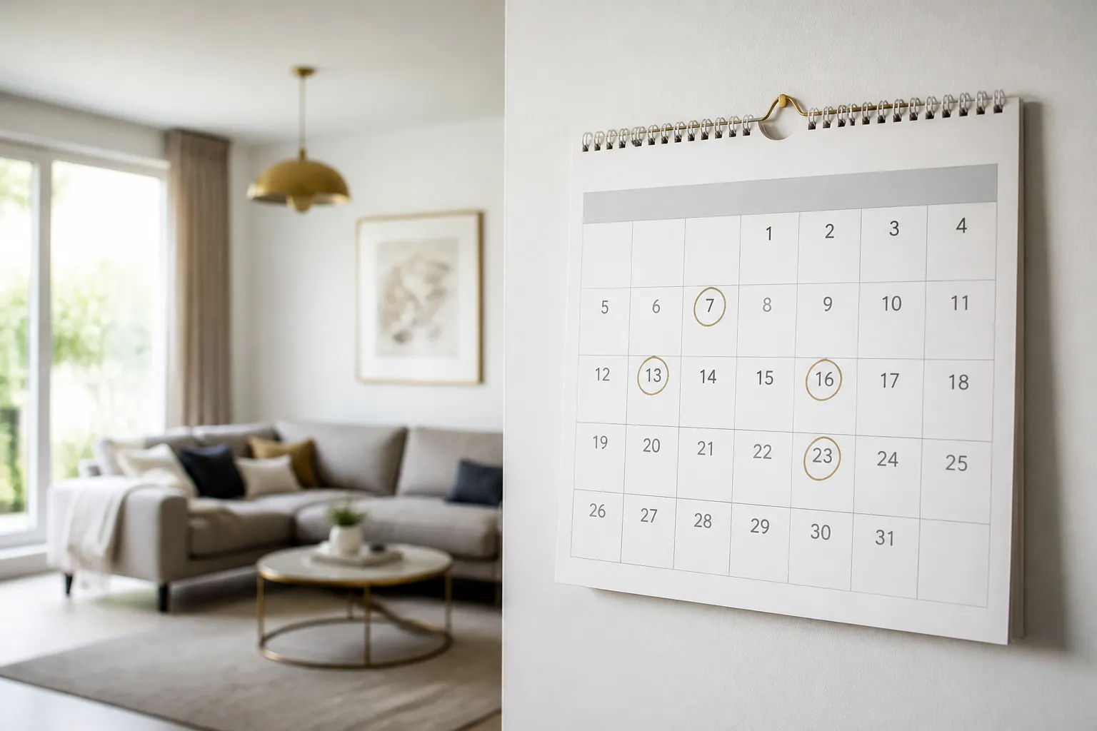 Calendrier mural avec des dates entourees dans un appartement