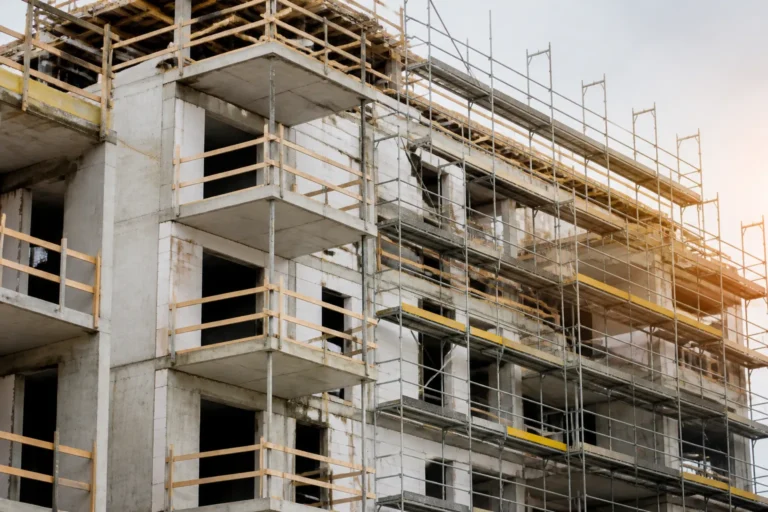 Chantier d immeuble neuf inacheve avec echafaudages
