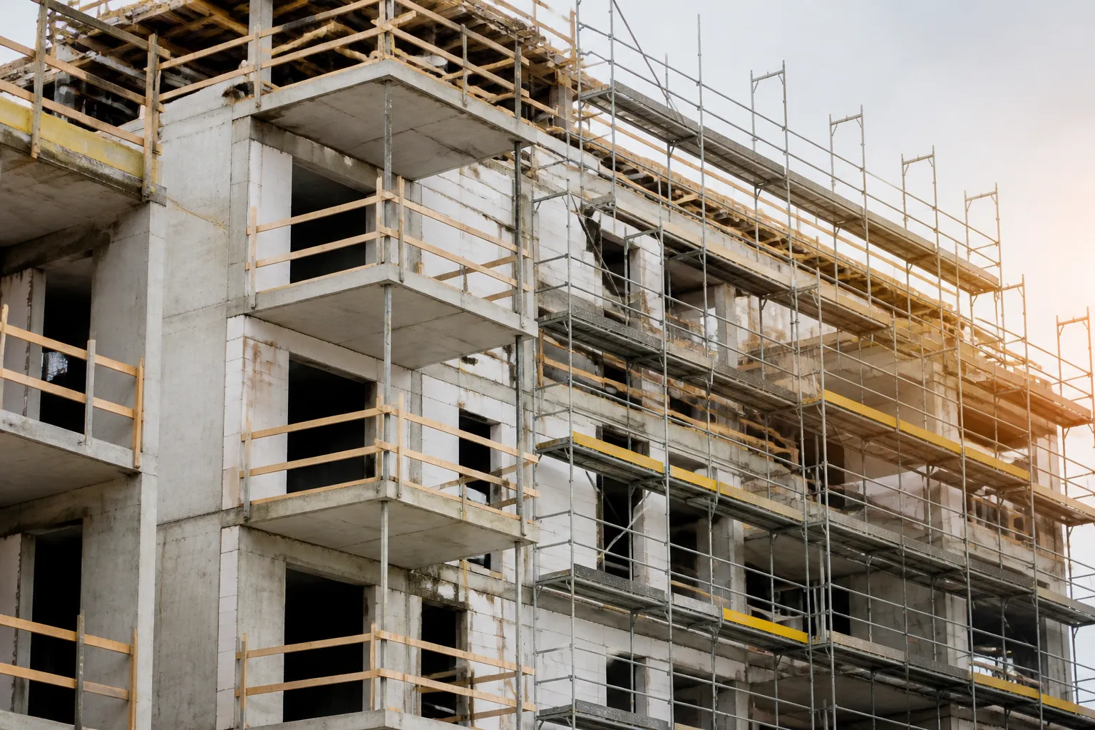 Chantier d immeuble neuf inacheve avec echafaudages