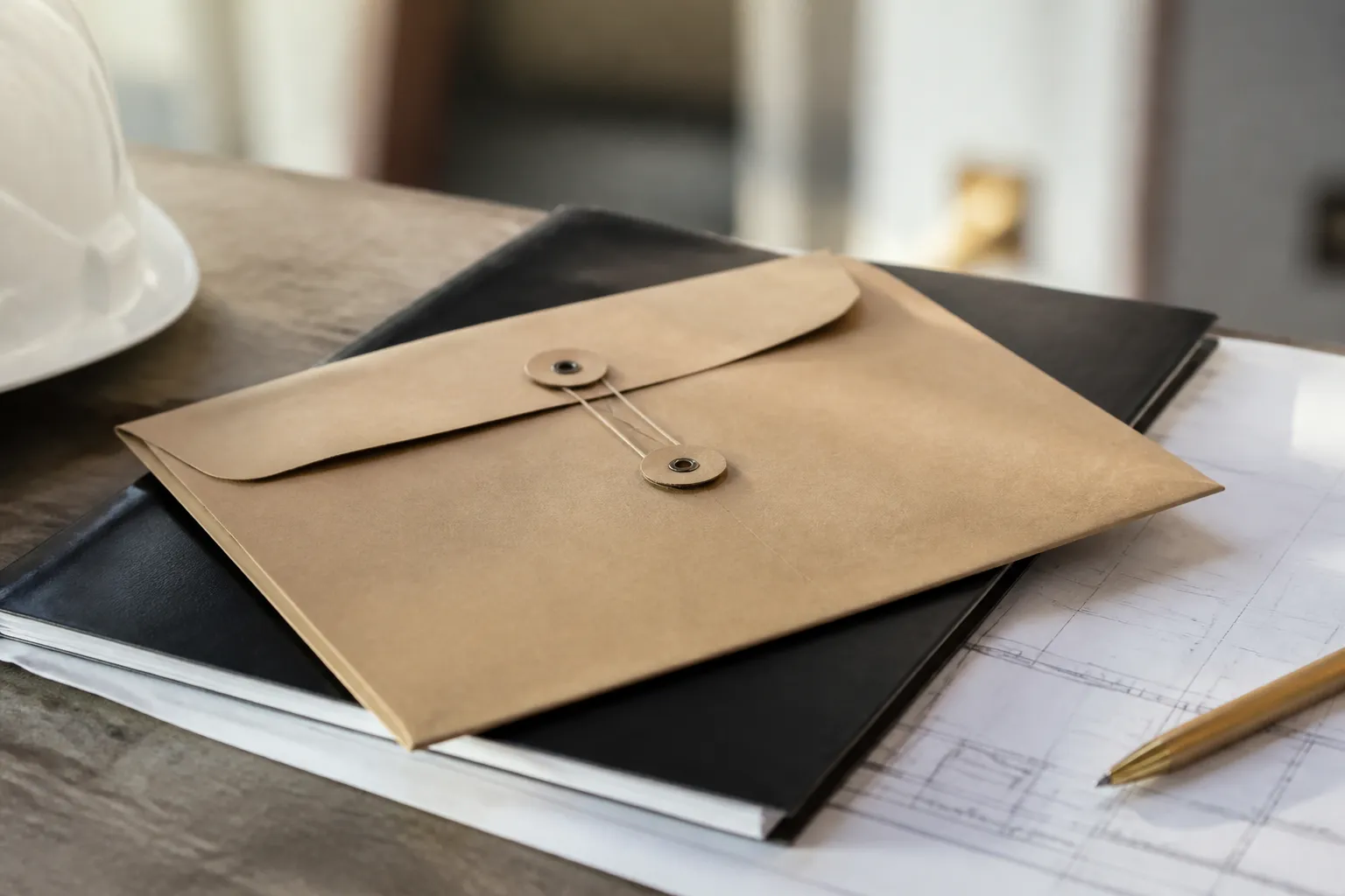 Enveloppe de lettre recommandee posee sur un dossier de chantier