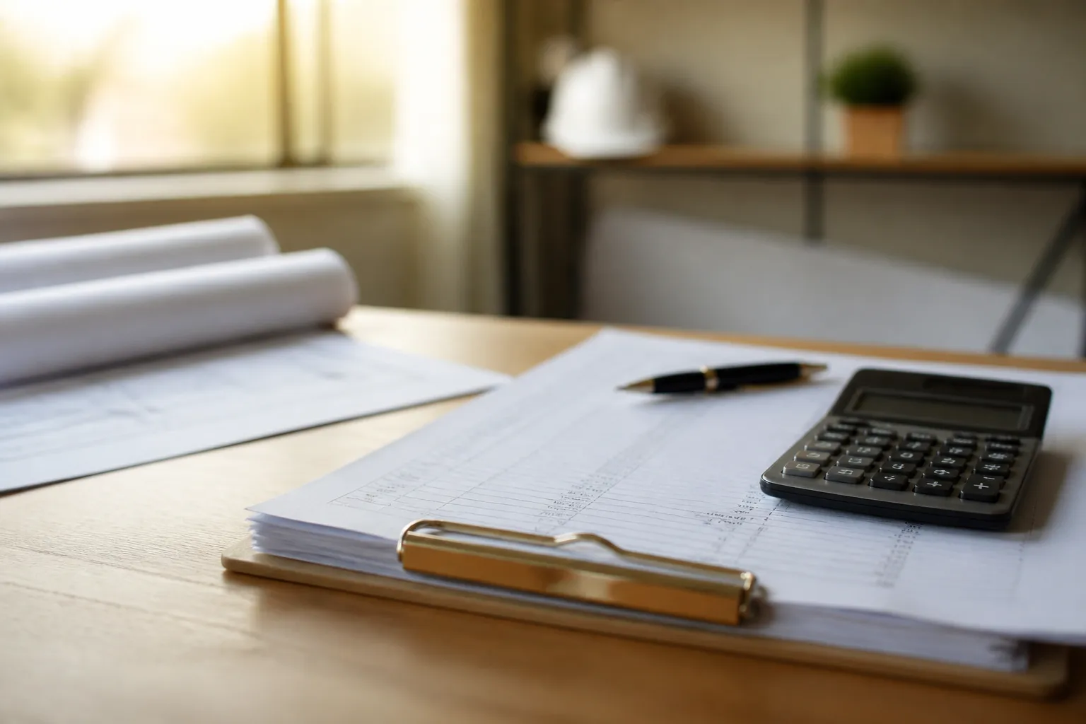 Devis de travaux et calculatrice poses sur un bureau