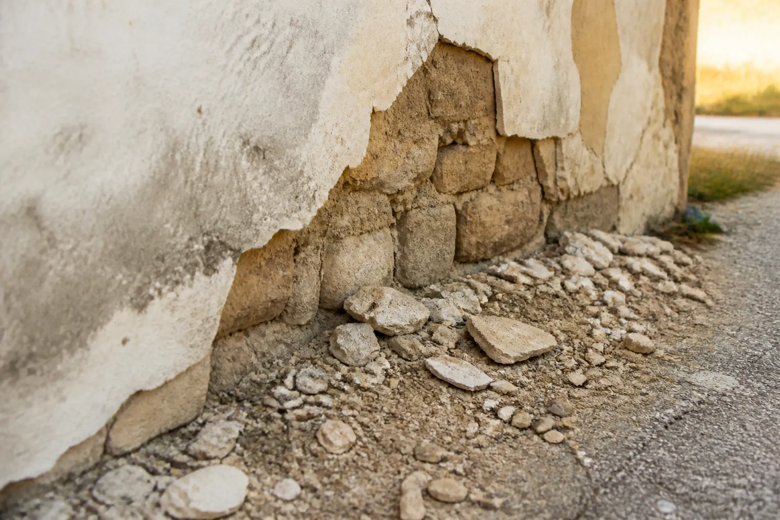 Enduit qui s effrite au pied d un mur en pise