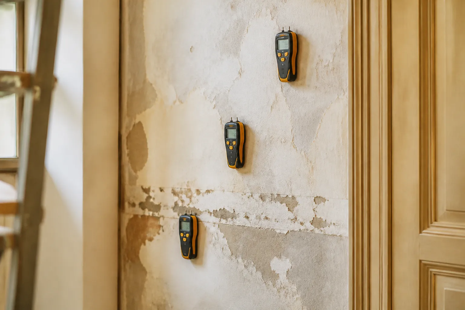 Humidimetre pose a differentes hauteurs sur un mur interieur ancien