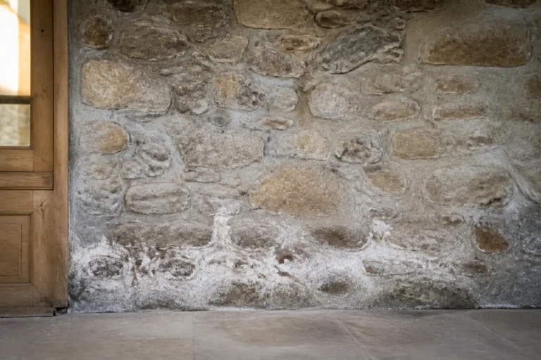 Mur ancien en pierre avec depots blancs de salpetre en partie basse dans une maison du Rhone