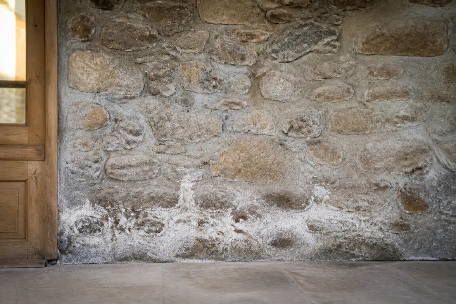 Mur ancien en pierre avec depots blancs de salpetre en partie basse dans une maison du Rhone