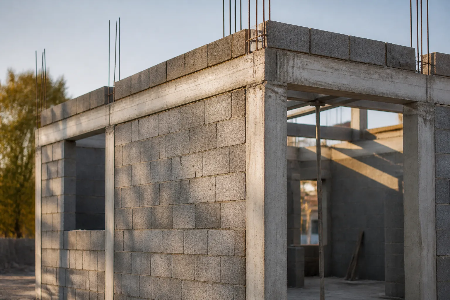 Murs en blocs beton et chainages sur un chantier de maison