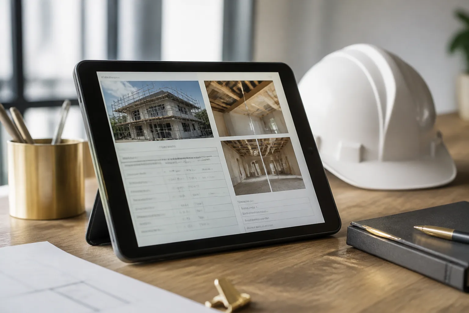 Tablette affichant un rapport de visite de chantier posee sur une table
