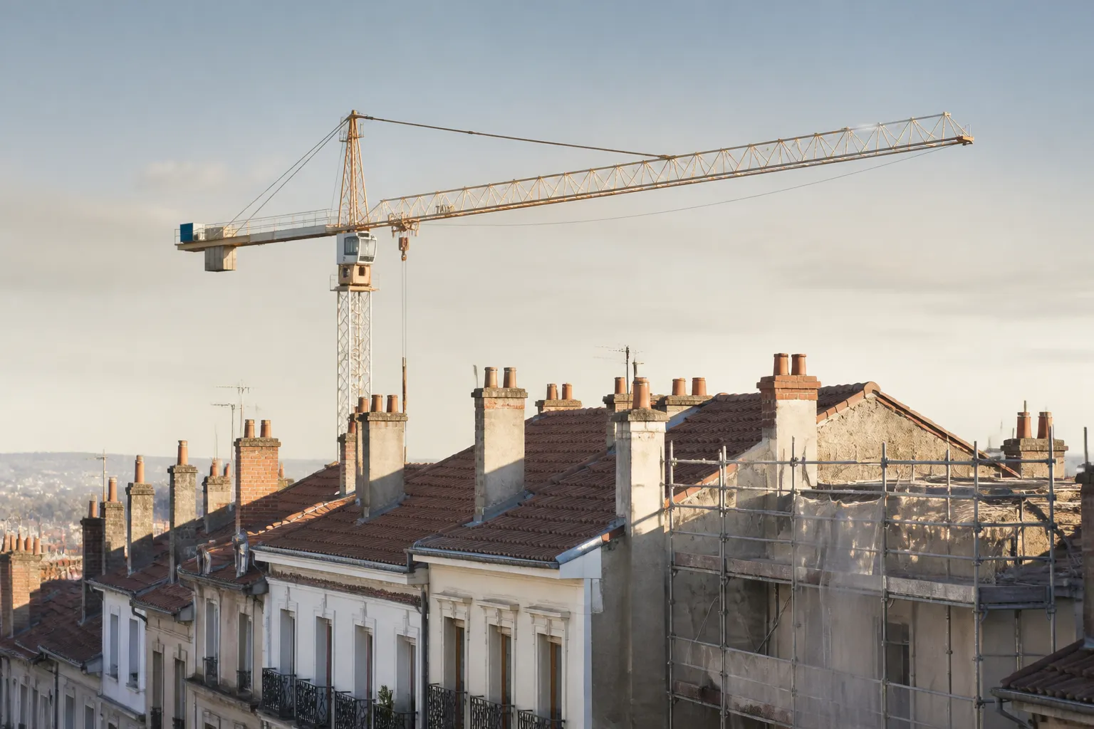 Grue au dessus des toits de tuiles d un immeuble lyonnais pendant des travaux