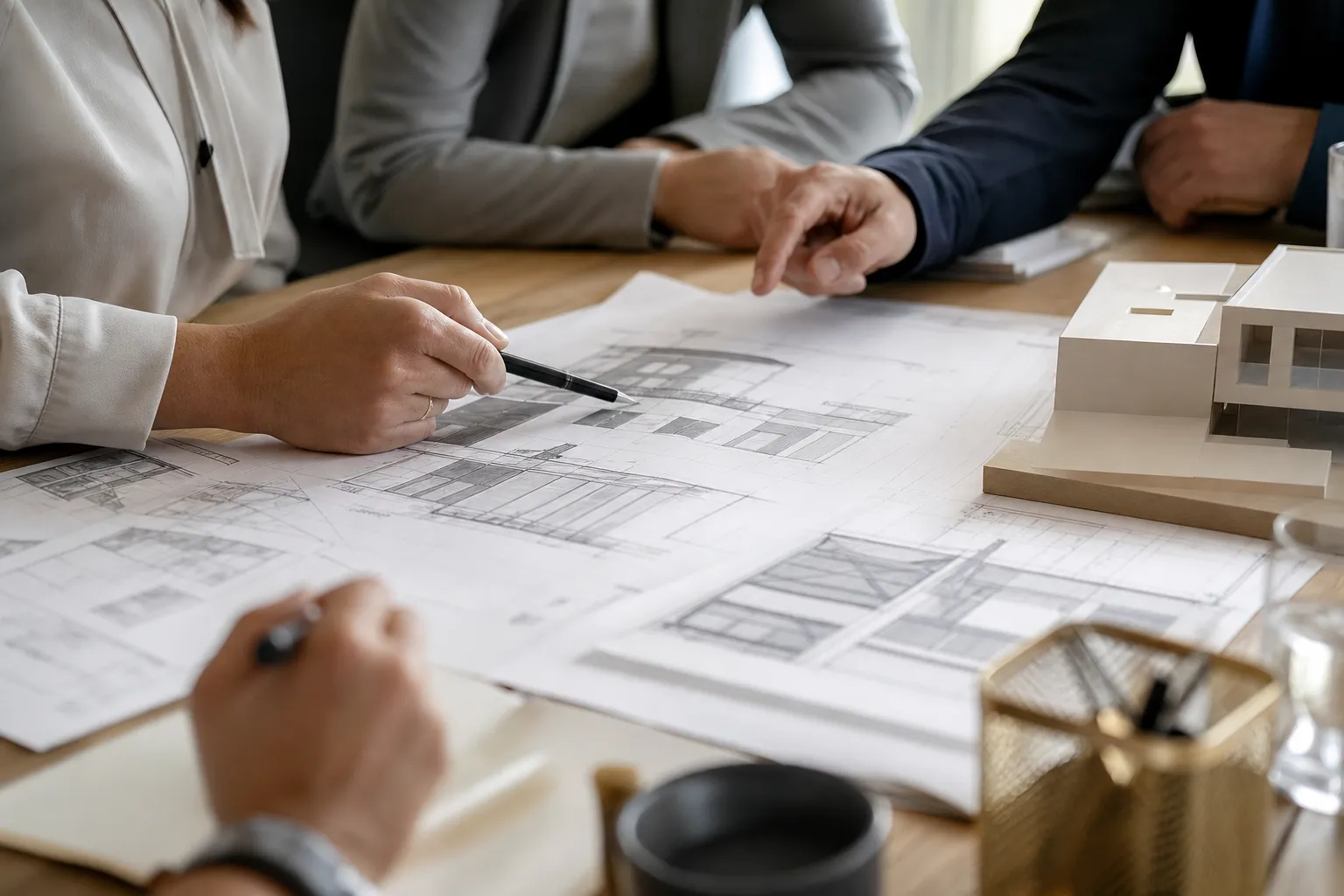 Plans d architecte de surelevation etales sur une table de reunion