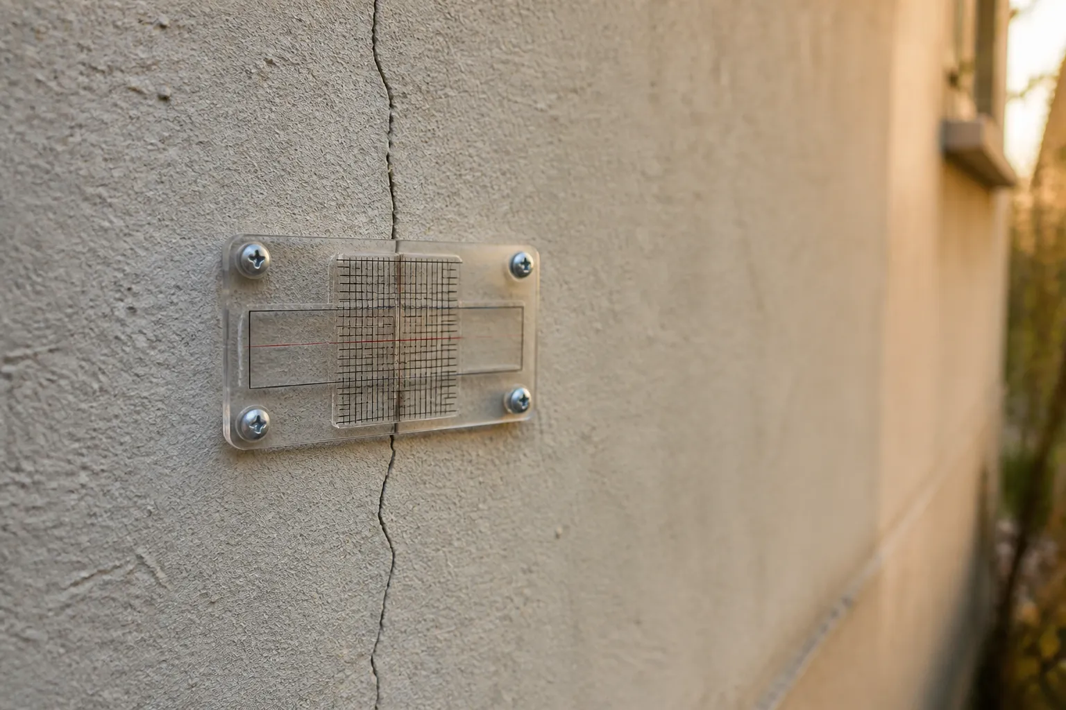 Fissurometre transparent pose sur une fissure de facade enduite