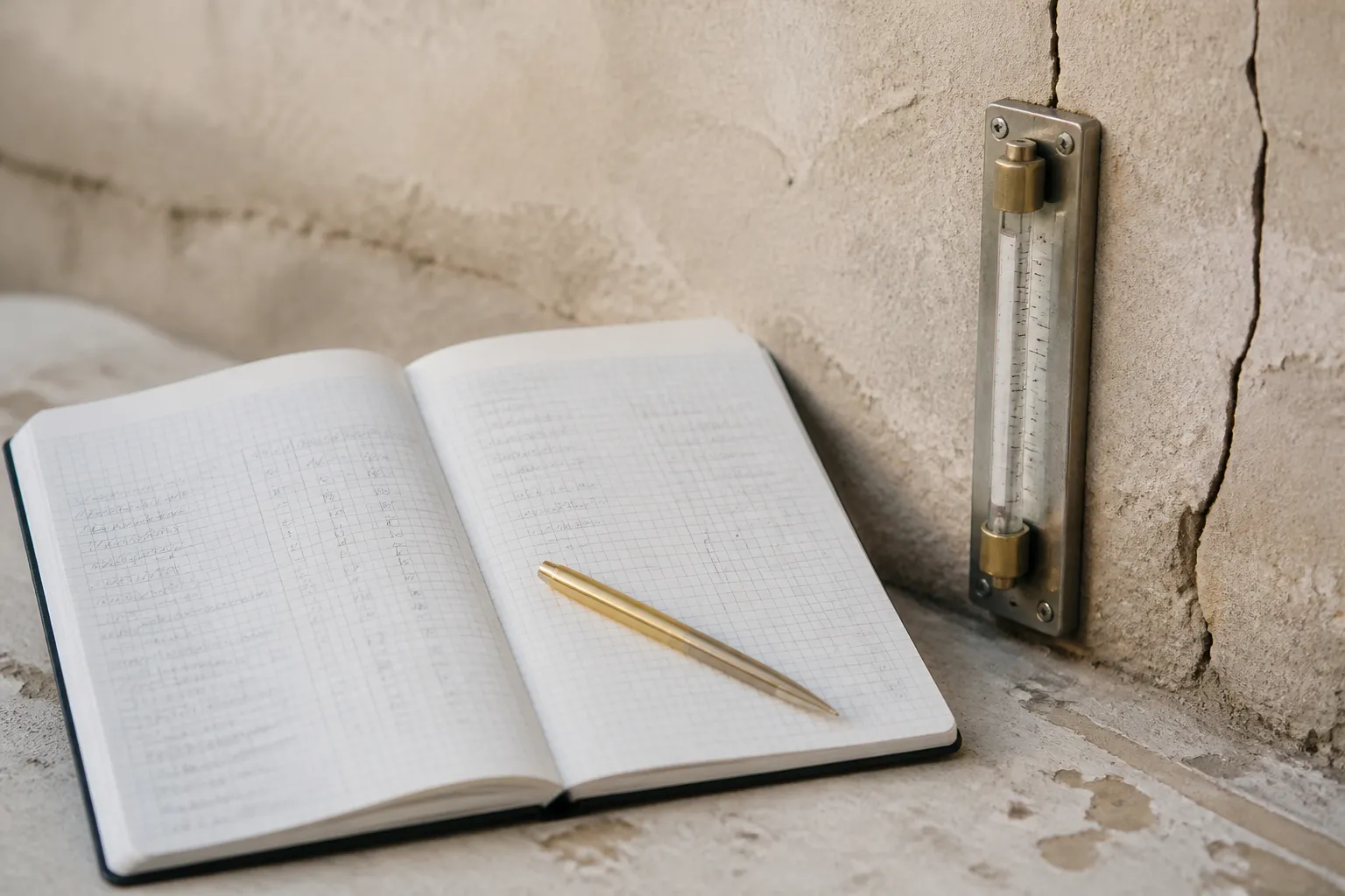 Carnet de suivi avec dates et mesures pose a cote d une jauge