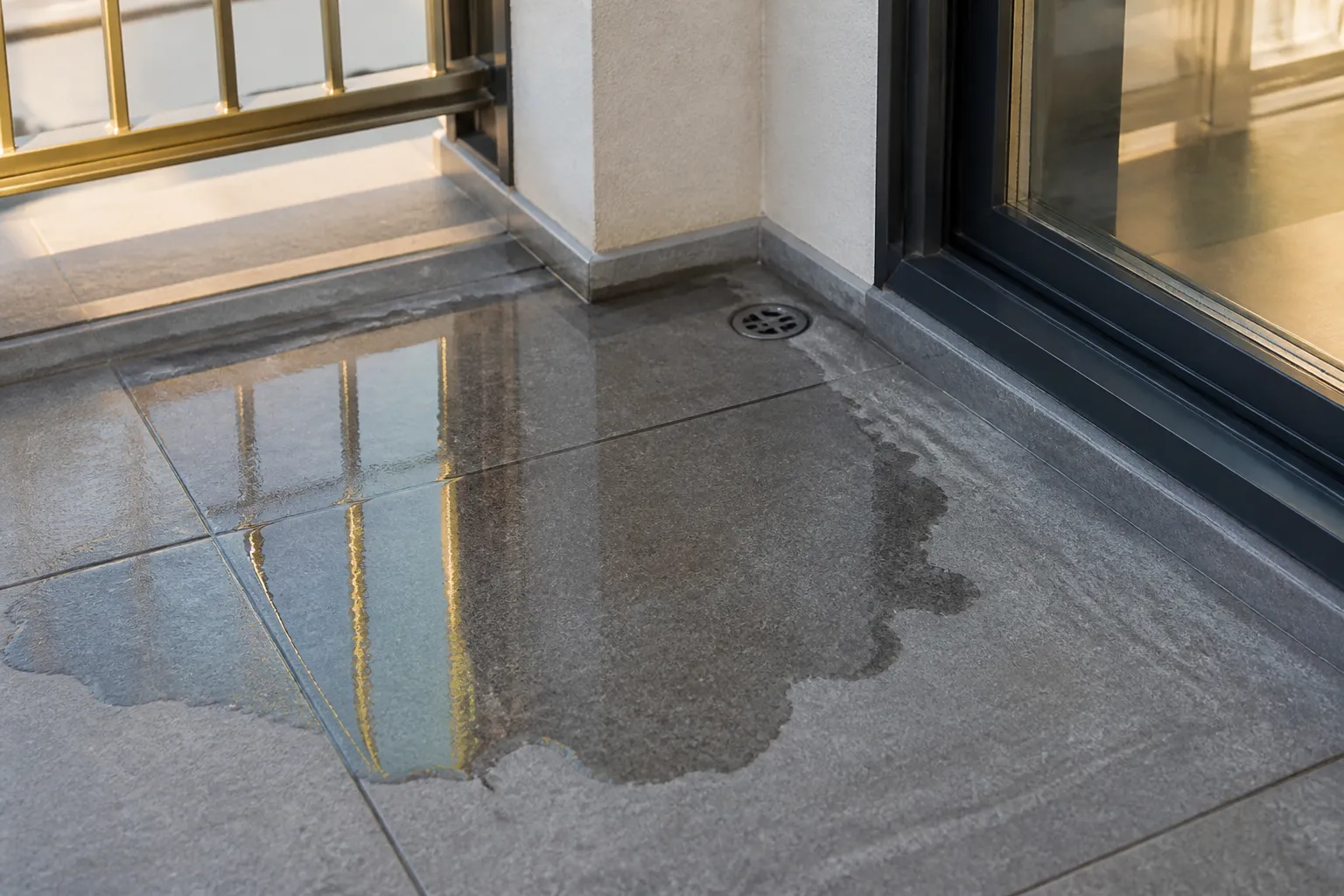 Flaque d eau sur un balcon neuf pres d une evacuation