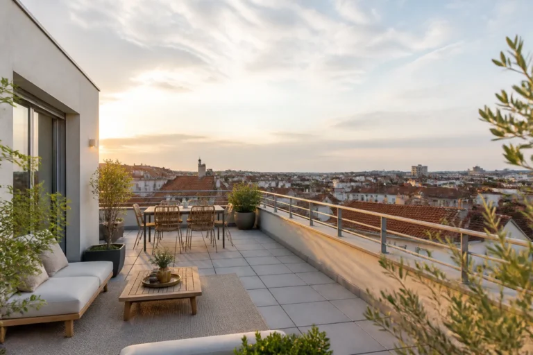 Terrasse en attique d un immeuble neuf avec vue sur des toits de tuiles