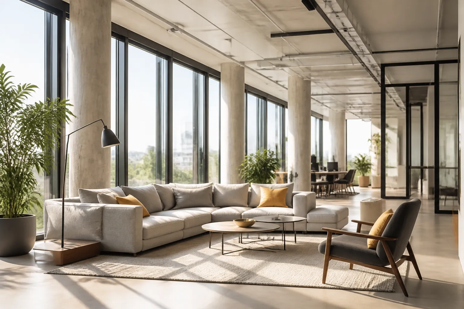 Sejour lumineux amenage dans un ancien immeuble de bureaux avec grandes baies