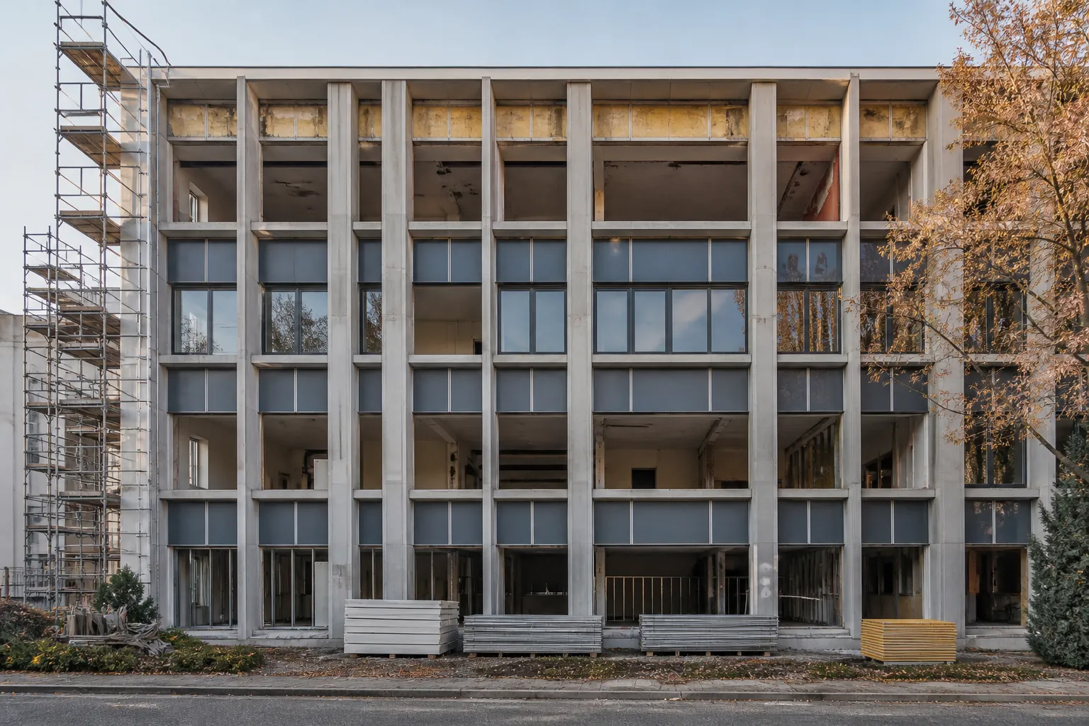 Immeuble de bureaux des annees 1970 en cours de transformation en logements