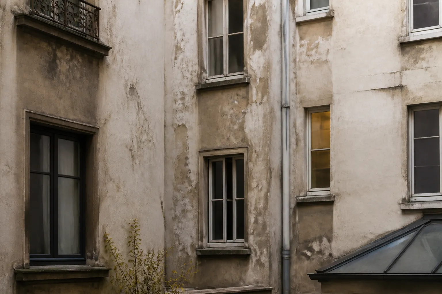 Facade sur cour d un immeuble ancien a Lyon avec enduit degrade