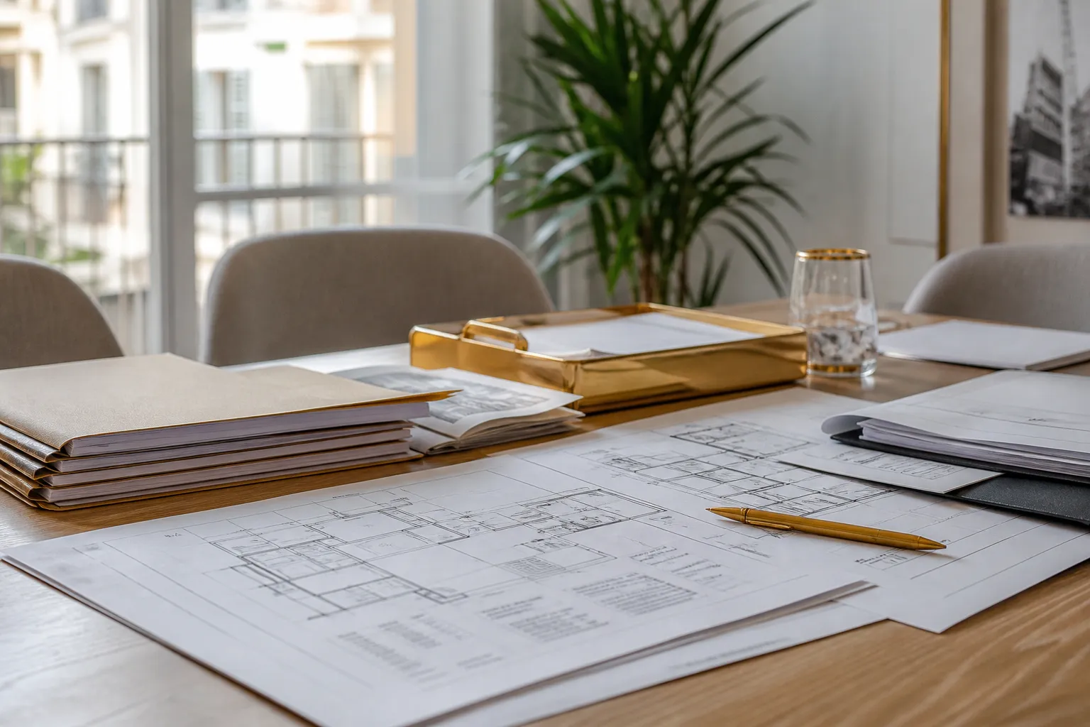 Table de reunion avec dossiers de copropriete et plans d immeuble