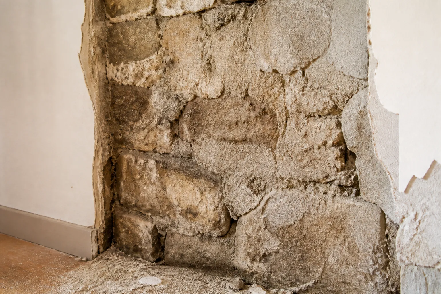 Doublage en platre retire revelant un mur ancien humide