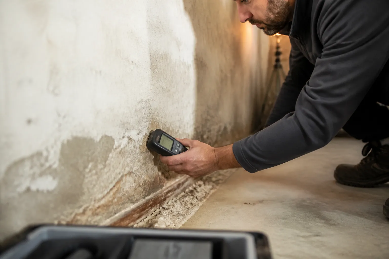 Expert mesurant l humidite au pied d un mur avec un humidimetre