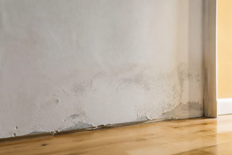 Mur fraichement repeint avec taches d humidite et salpetre qui reapparaissent